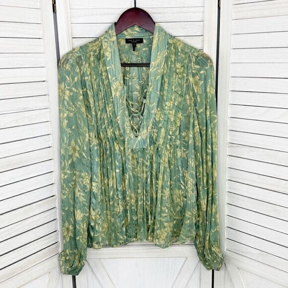 Rag & Bone Sachi Pleated Floral Print Sheer‎ Blouse Sage Green Small - Picture 11 of 16